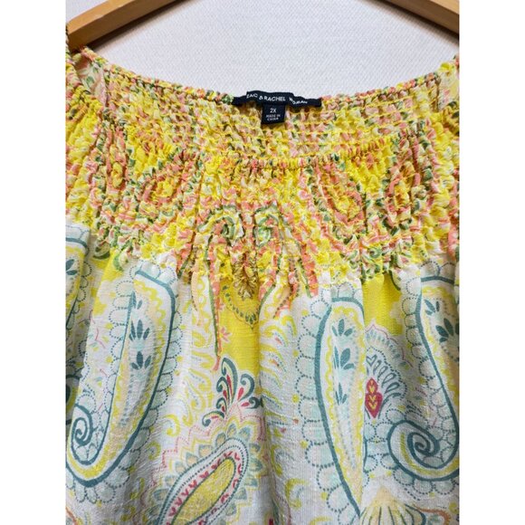 Zac & Rachel Off Shoulder Blouse Top Womens 2X Yellow Paisley Floral Smocked - Picture 5 of 13